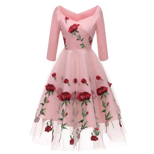 L / Pink Elegant V-neck Three Quarter Sleeves Knee-length Women Party Dresses Romantic Rose Floral Embroidery Lace Tulle Dress