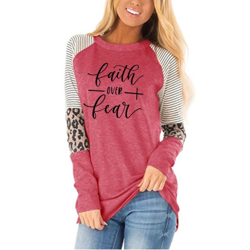 L / Pink faith Autumn Winter Leopard stitching long sleeves high quality hotsell women loose casual blouse oversized Women's T-Shirts