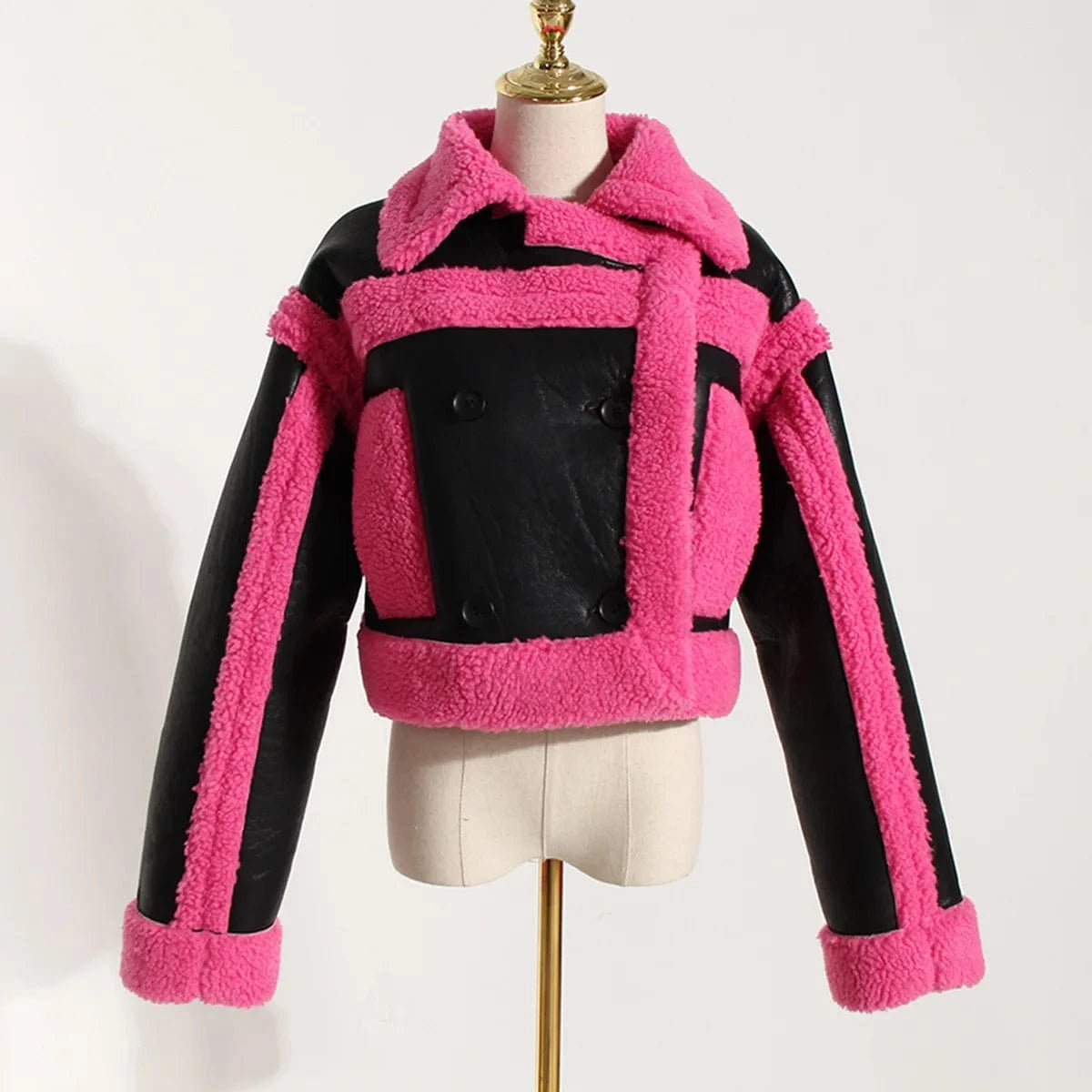 L / Pink Fashion Y2K Turn Down Motor Style Pink Color Imitation Fur Patchwork Pu Leather  Winter Women Jackets