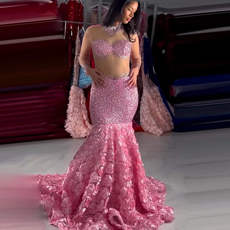 L / Pink / Floor Length NOVANCE 2023 new product high neck sheer sparkling rhinestones elegant black sexy dress modest wedding dress for wedding party