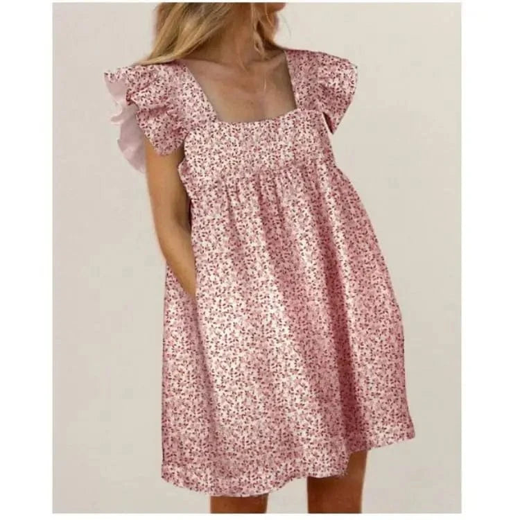 L / Pink Fragmented Flowers S-XXL Summer New Dress Fragmented print color blocking square neck ruffle edge sleeve solid color large hem dress