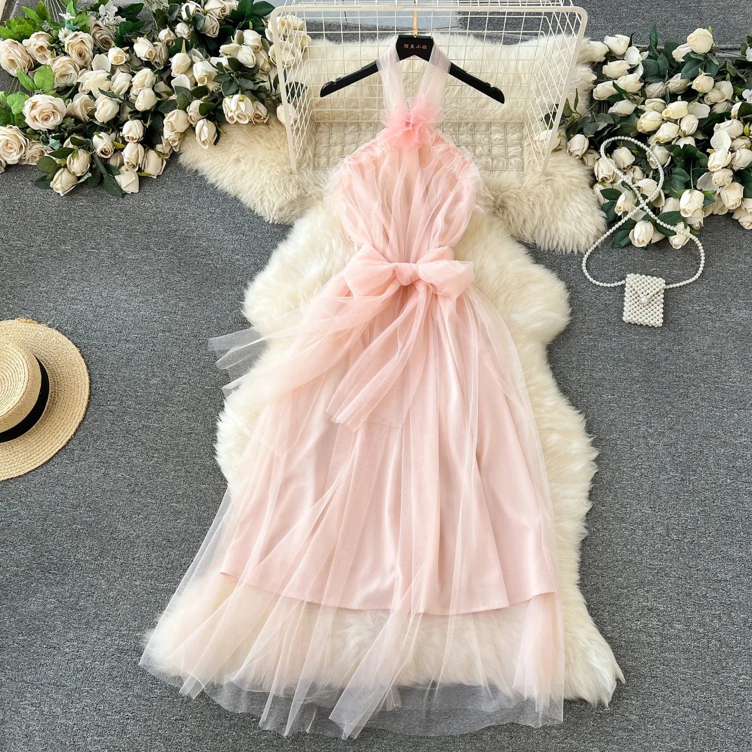 L / Pink High Quality Summer Fairycore Halter Midi Dress For Women Sleeveless Patchwork Mesh Vestidos Ladies Evening Dresses