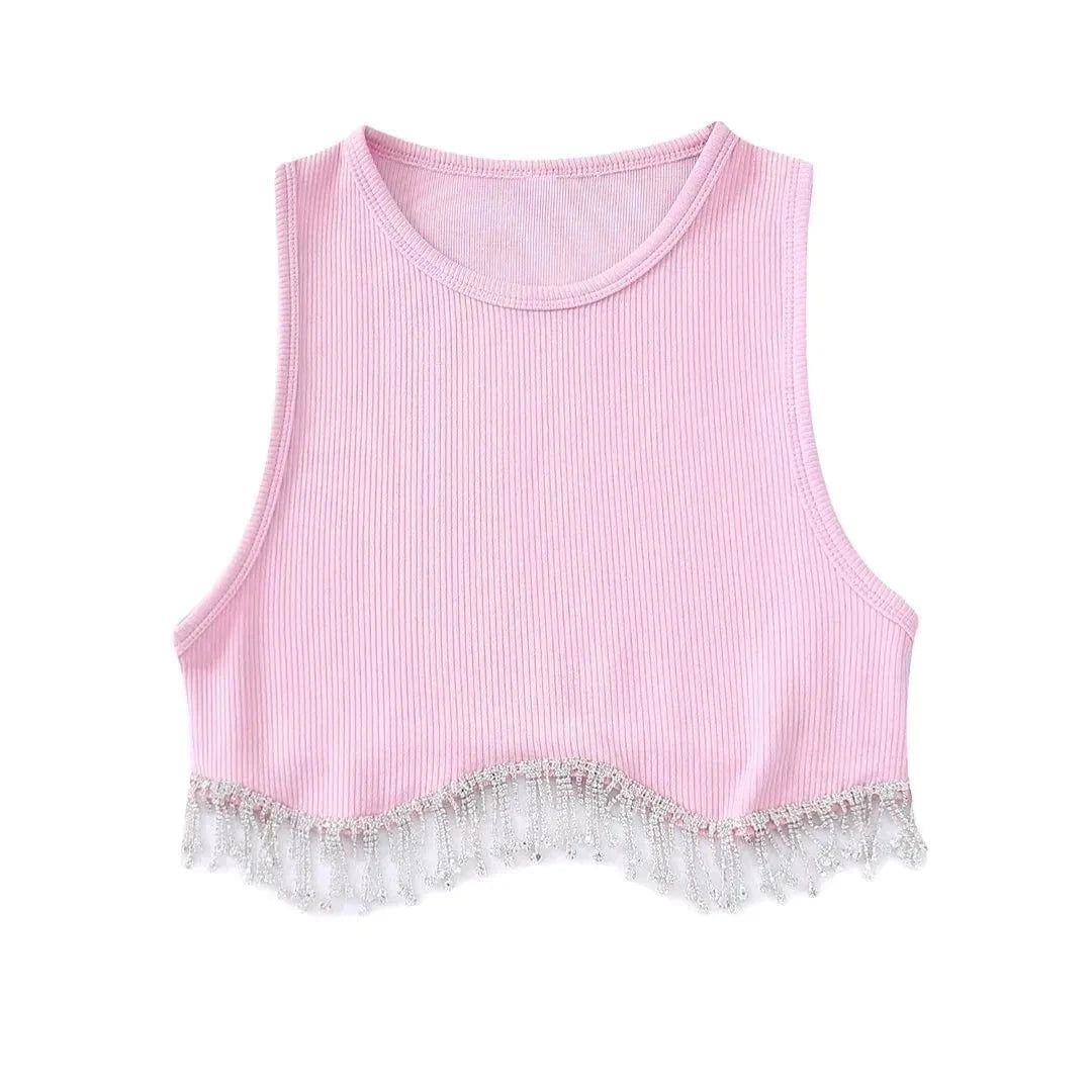 L / Pink INS Hot Sell Dropshipping Curved Hem Inlaid Jewellery Decoration High Stretch Crop Tank Top