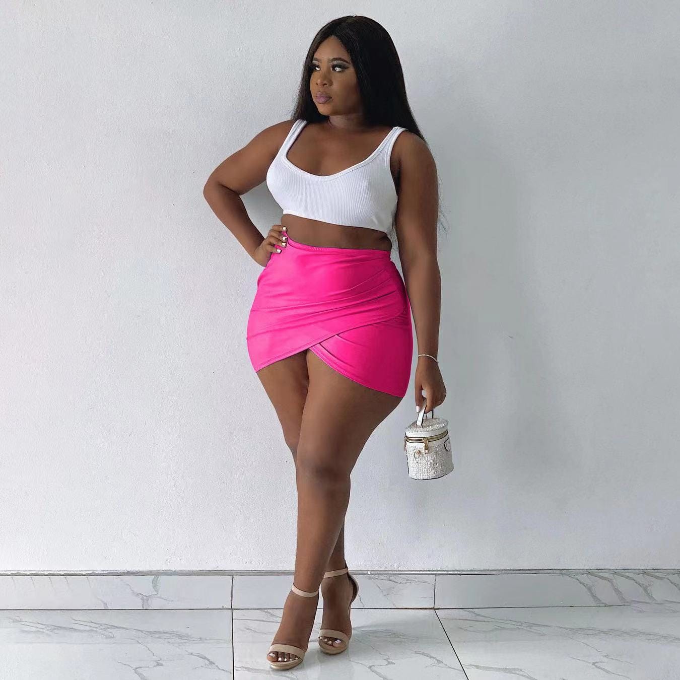 L / Pink J&H 2023 new arrivals white ribbed tank top and sexy mini skirts 2 piece set women slim fit summer skirts outfits club wear