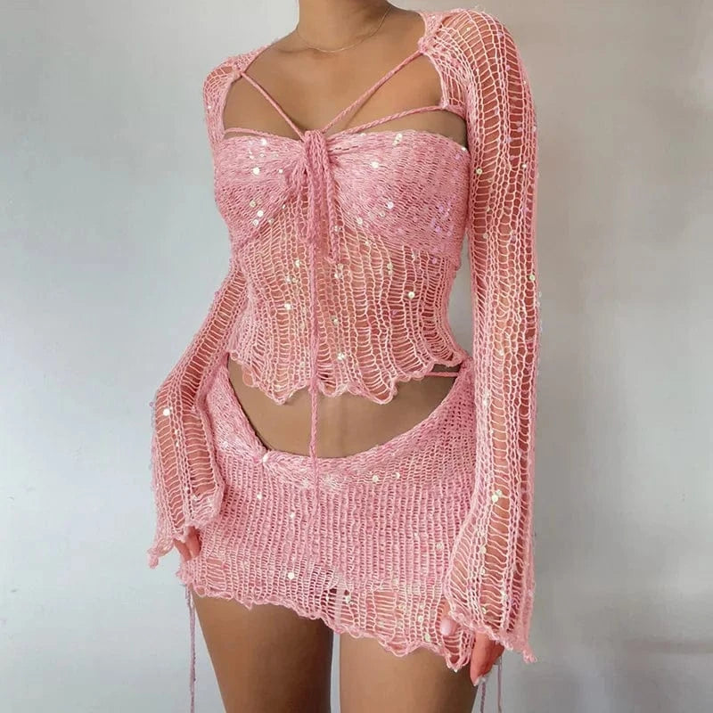 L / Pink Long-sleeved sweater sequins sexy pierced hole rope tie women skirt suit two piece set women clothing