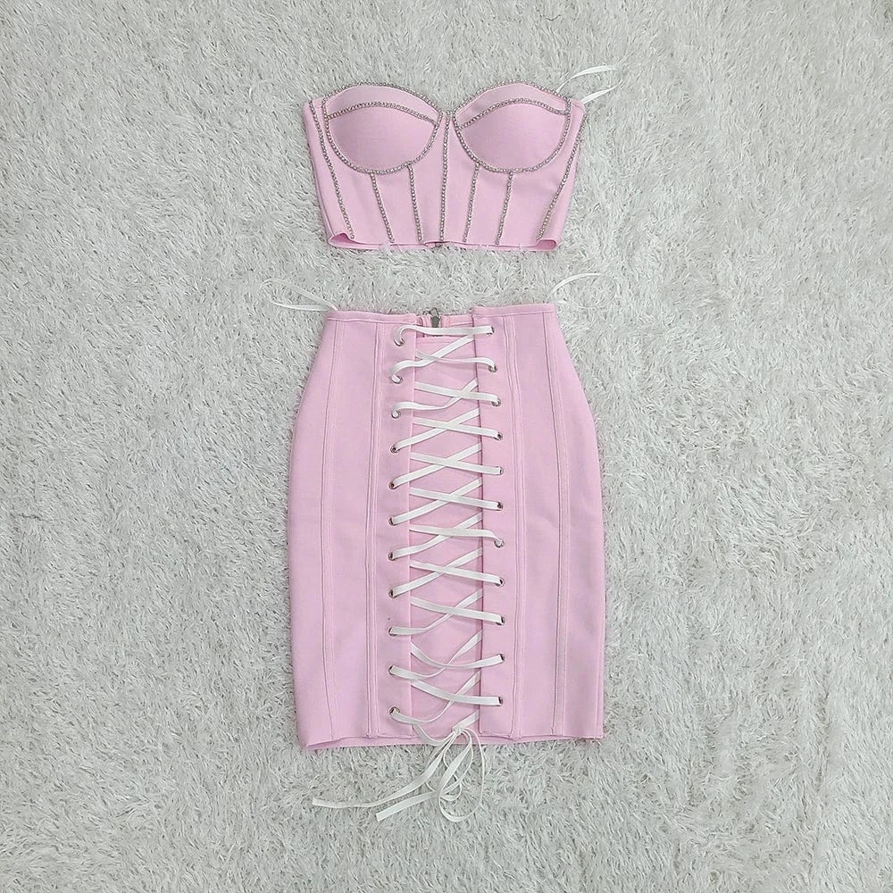 L / Pink New Designer Celebrity Bodycon 2 Pieces Set Rayon Evening 2  Piece Party Dress