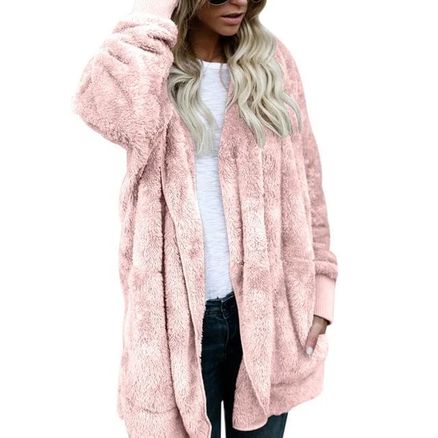 L / Pink New Year Spring Faux Fur Teddy Bear Coat Jacket Women Fashion Open Stitch Hooded Coat Female Long Sleeve Fuzzy Jacket