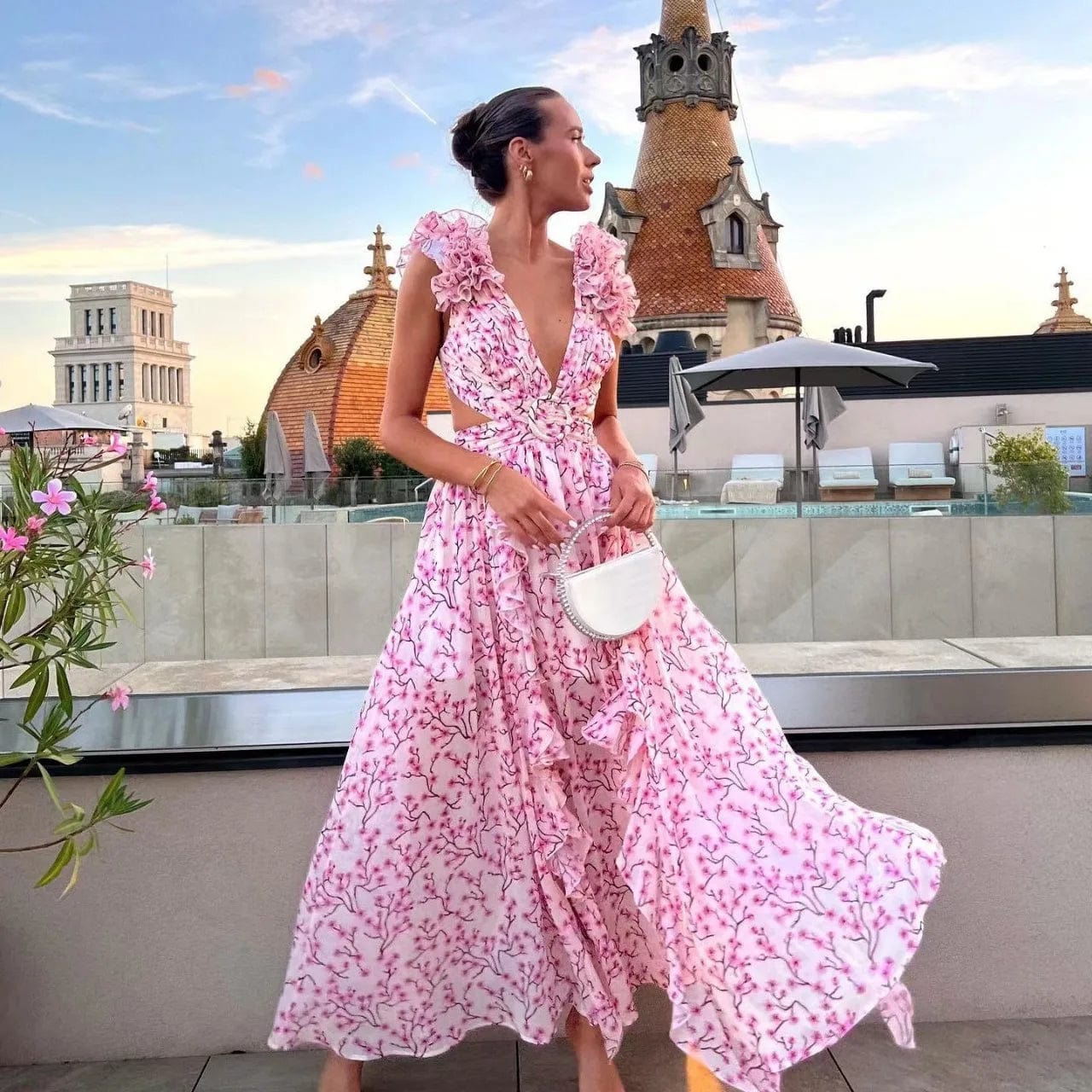 L / Pink OUDINA Fashionable Hollow Sleeveless Backless Ruffled Long Elegant Floral Dress Women Casual Dresses