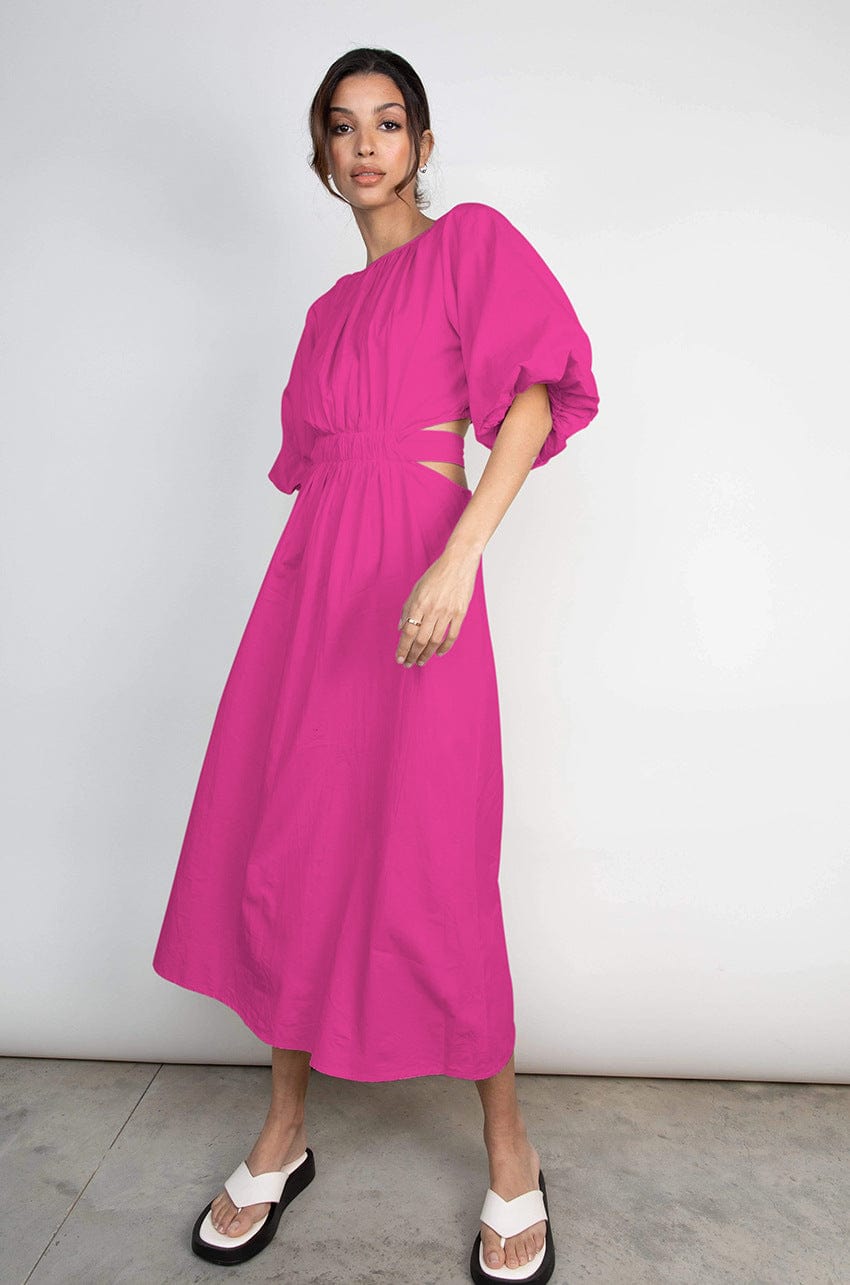 L / Pink OUDINA Fashionable Loose Lace-up Hollow Puff Sleeve Cotton Pleated Long Womens Casual Dresses