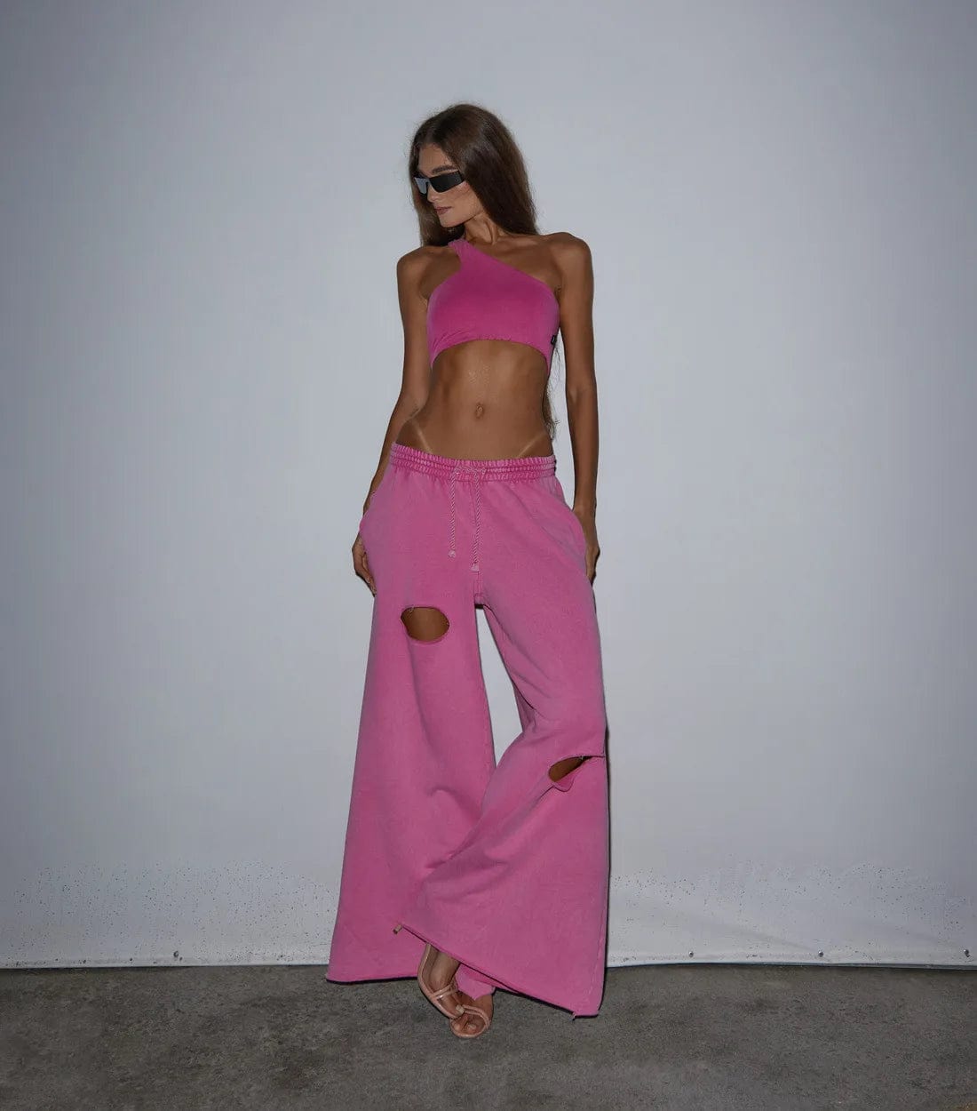 L / Pink OUDINA New High-waisted Ladies Sweatpants Drawstring Wide Leg Loose Lazy Ripped Design Women's Casual Pants