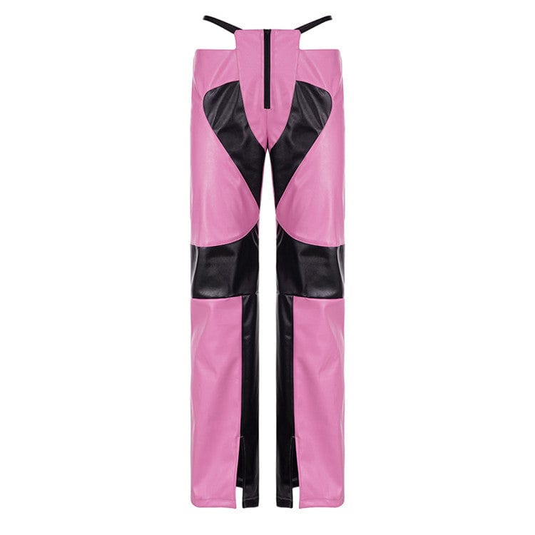 L / Pink Patchwork Panelled Pants For Women 2023 Low Waist Streetwear Feux Leather Pants Pink Wide Leg Zipper Pants
