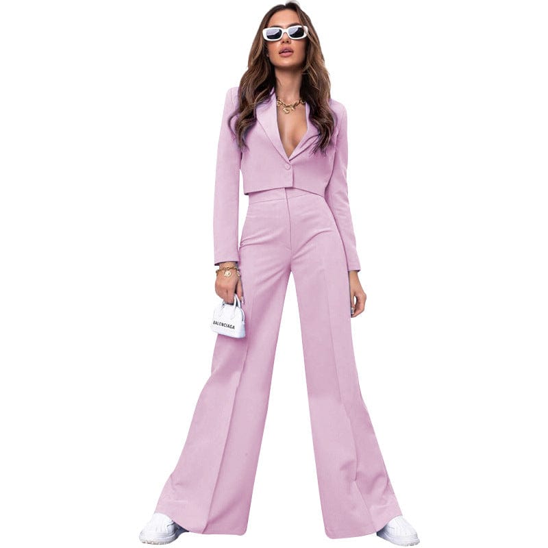 L / Pink PDEP 2023 autumn  new  solid color short crop top and fashion high waist wide-leg pants blazer two piece  suits sets for women