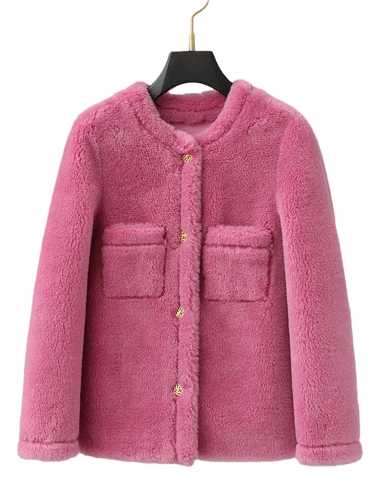 L / Pink PDUI Women Real Wool Fur Coat Winter Warm Female Girl Sheep Shearing Jacket Parka OverCoat CT146