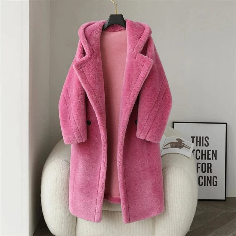 L / Pink PDUI Women Real Wool Fur Coat Winter Warm Female Girl Sheep Shearing Long Jacket Parka Trench OverCoat CT143