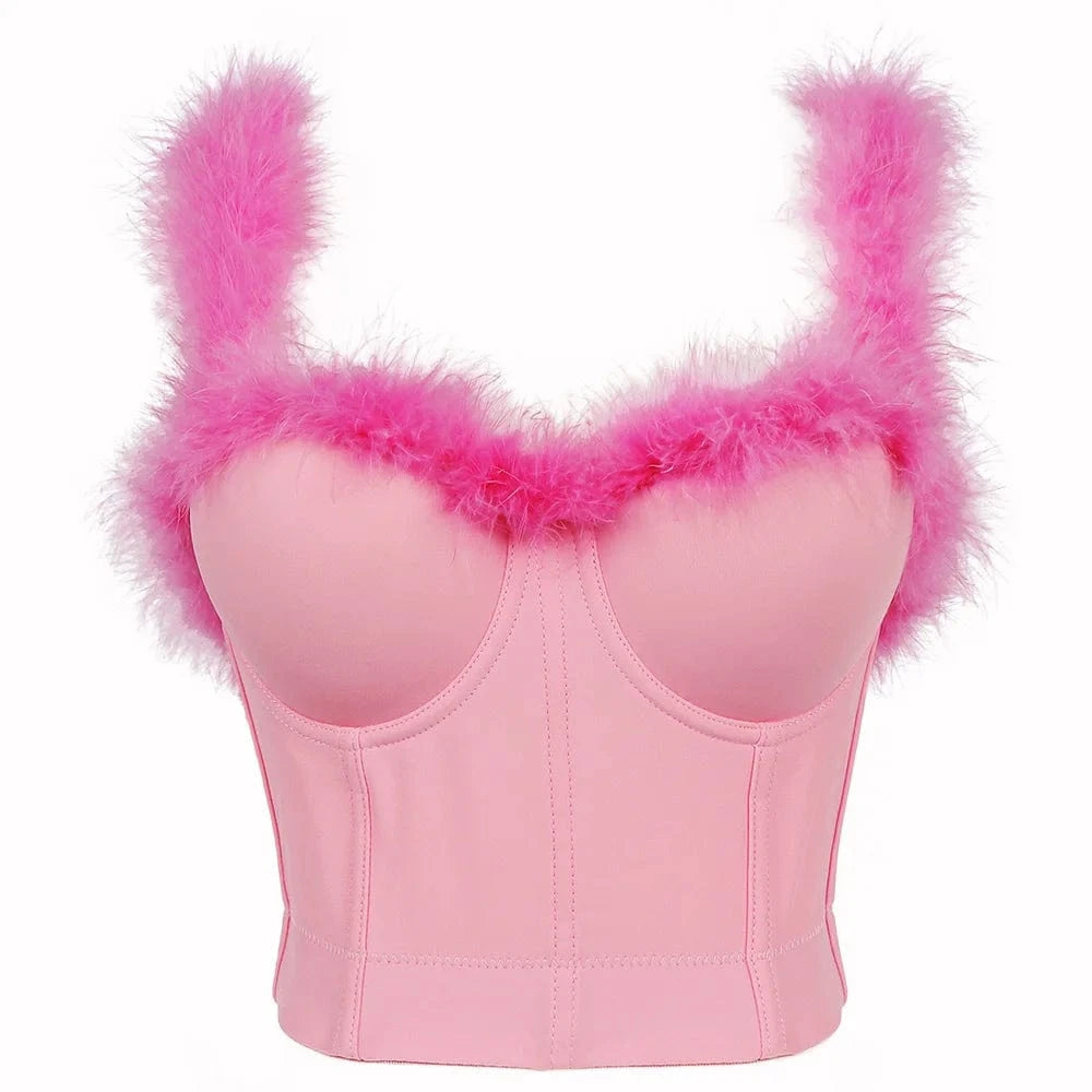 L / Pink Pink fluff feather bustier sexy bra women corset top