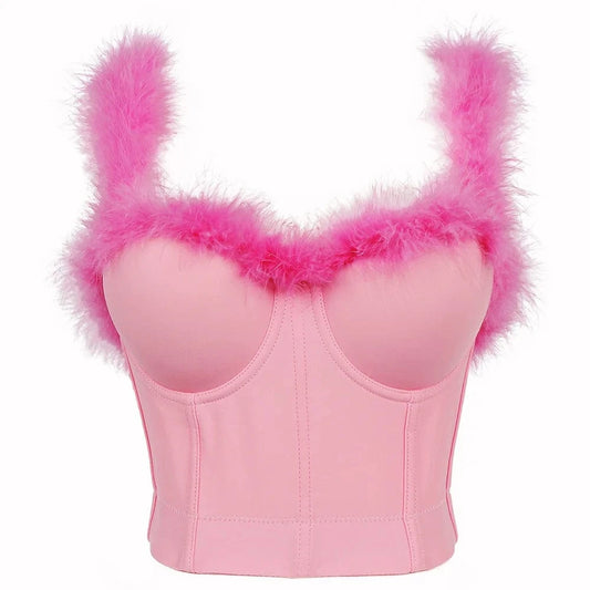 L / Pink Pink fluff feather bustier sexy bra women corset top