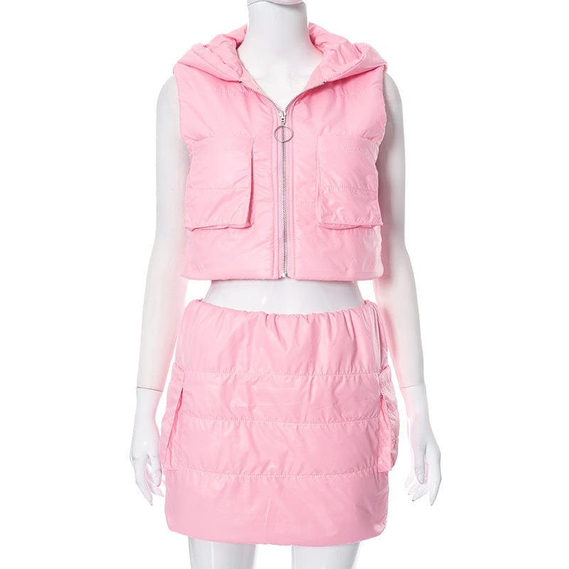 L / Pink Q23st385 Autumn Women's Cotton Set Solid Hoodie Zipper Sleeveless Skinny Crop Top Pockets Mini Skirt 2pcs Set For Woman