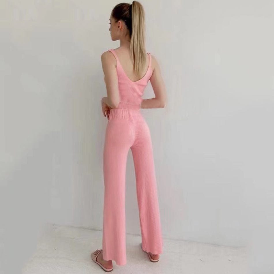L / Pink R30385S 2022 Summer Casual Knit Suit Sexy Sling Sleeveless Short Tank Top Sweater suit High Waist Straight Pants 2 Piece Set