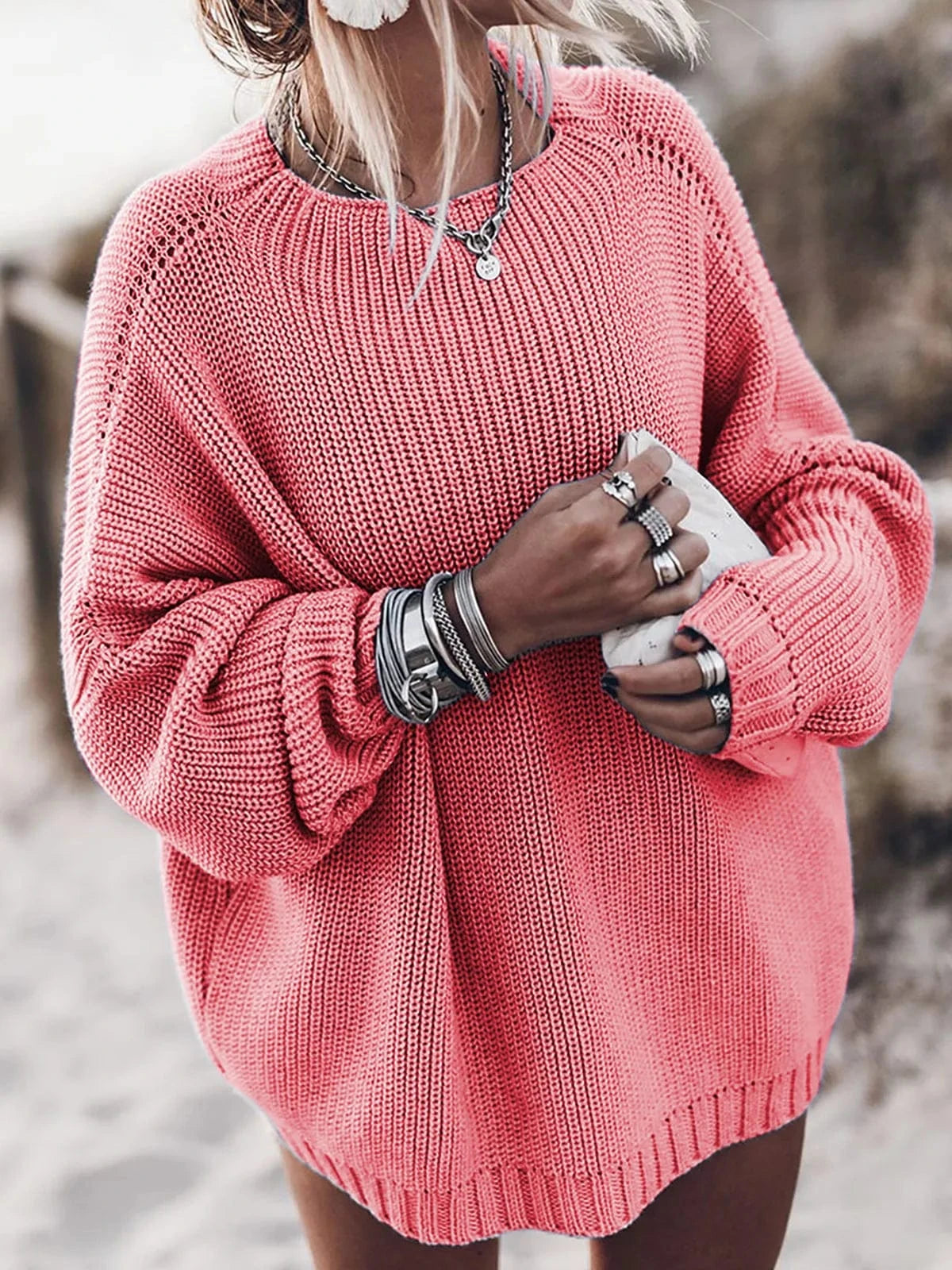 L / Pink S-XL women's oversized sweater Bat sleeved round neck pullover top Coarse knitted pullover sweater