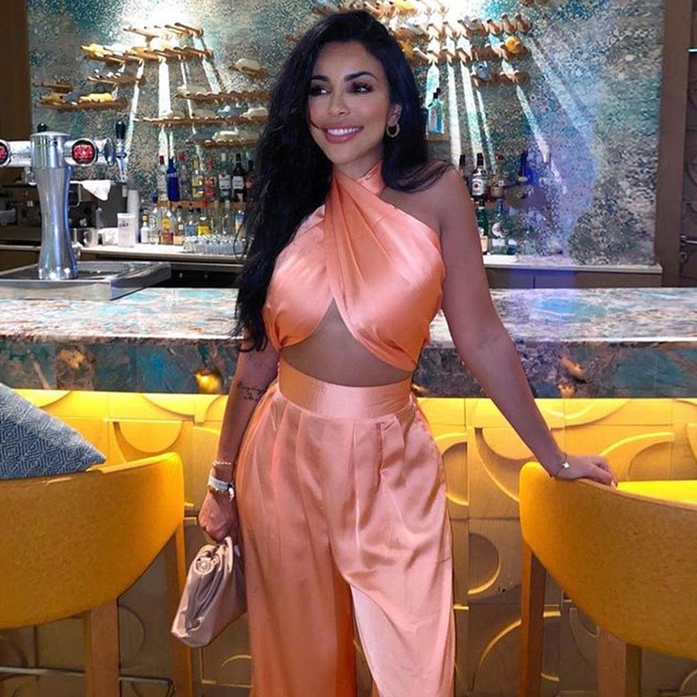 L / Pink Sexy Fashion Celebrity Night Club Set Tops  & Pants Evening 2 Piece Party Set