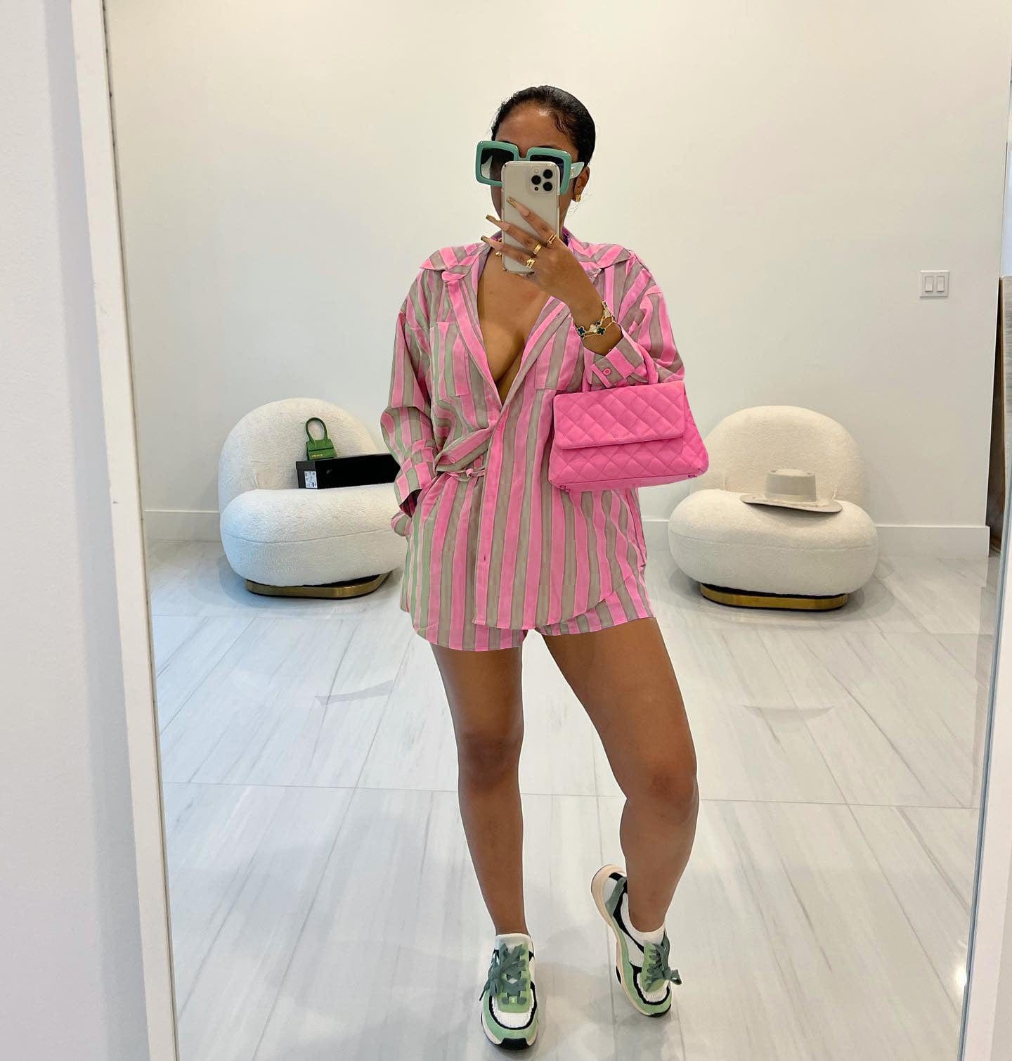 L / Pink Summer Women's Fashion Nylon Elastic Fabric Stripe Two Piece Set Casual Polo Collar Shirt Set for Women