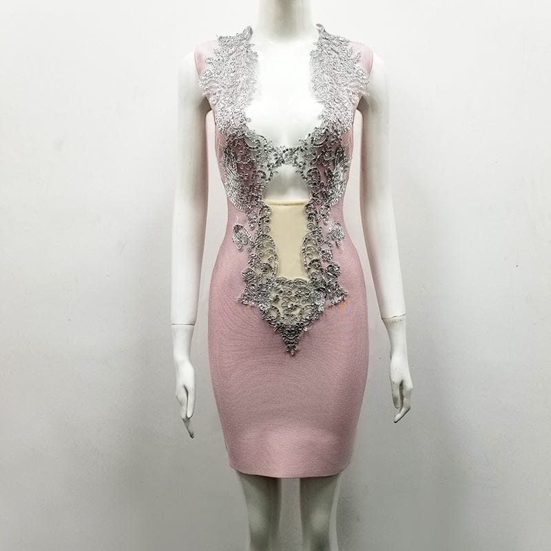 L / Pink Top Quality Front Deep V-neck Hollow Out Slip Rayon Bandage Dress Night Club Party Dress