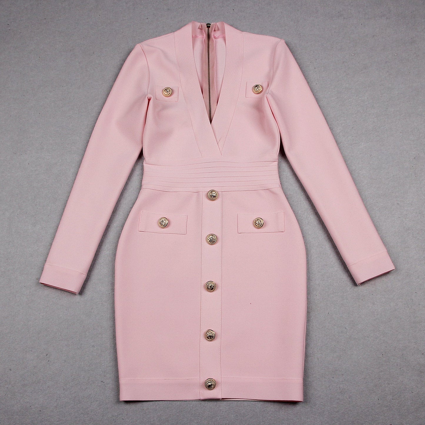 L / Pink White Women Bandage Deep V-Neck Buttons Mini Dresses Office Long Sleeve Evening Party Clothing