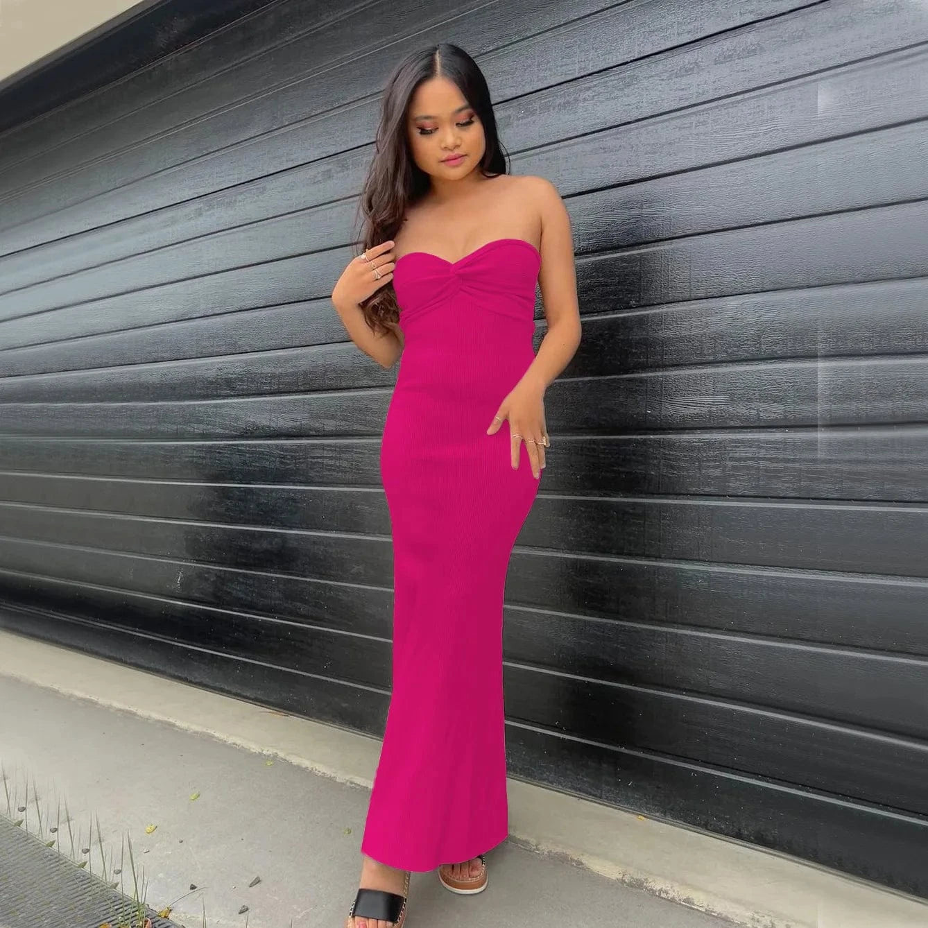 L / Pink Wholesale Knit Solid Strapless Bodycon Dress Sexy Streetwear Night club Party Asymmetric Strapless Ruched Ruffle Tube Dress