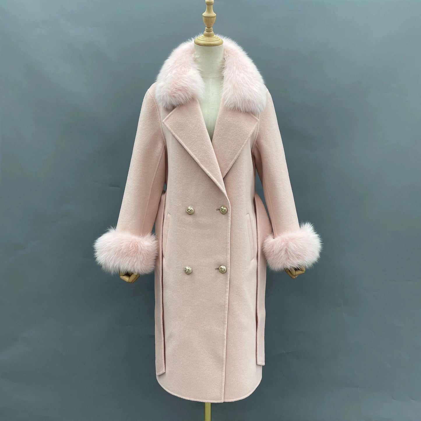 L / Pink Winter Trend Real Fox Fur Collar Cashmere Wool Coat with Fur Cuffs