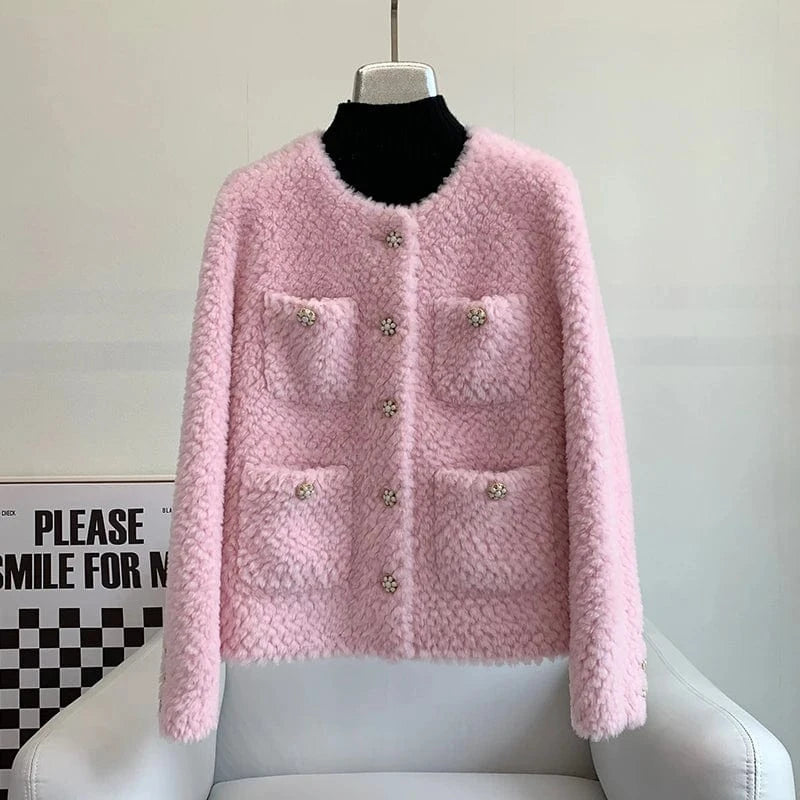 L / Pink Women Girl Lamb Wool Fur Elegant Short Coats Female Sheep Shearling Winter Youth Jacket Overcoat JT3275