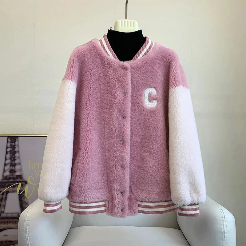 L / Pink Women Girl Sheep Shearling Baseball Warm Coats Female Lady Lamb Wool Fur Jacket Winter Overcoat JT3276