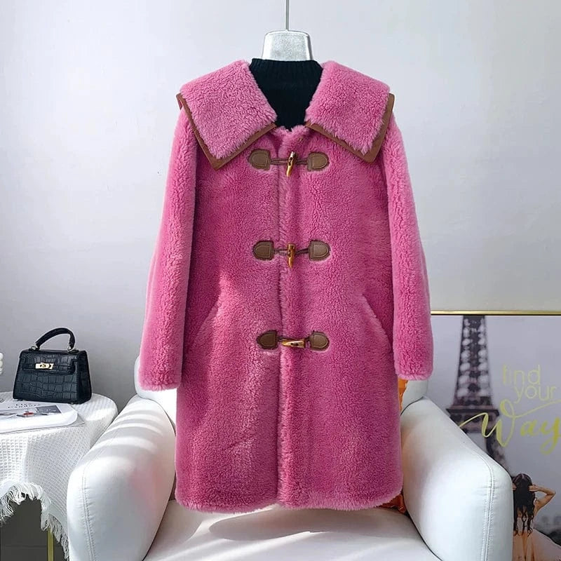 L / Pink Women Lady Lamb Wool Fur Warm Long Coat Female Girl Sheep Shearling Fur Winter Parka Elegant Jacket Overcoat JT3200