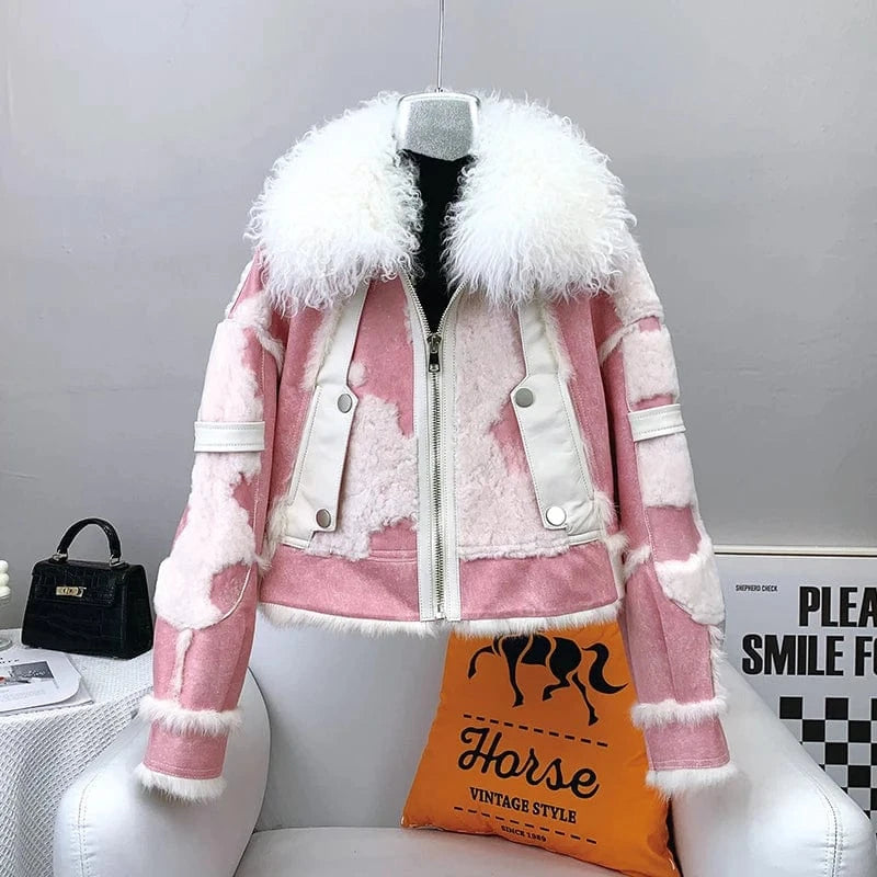 L / Pink Women Lady Rabbit Fur Winter Coats Female Girl Lamb Wool Collar Warm Short Jacket Luxury Overcoat JT3261