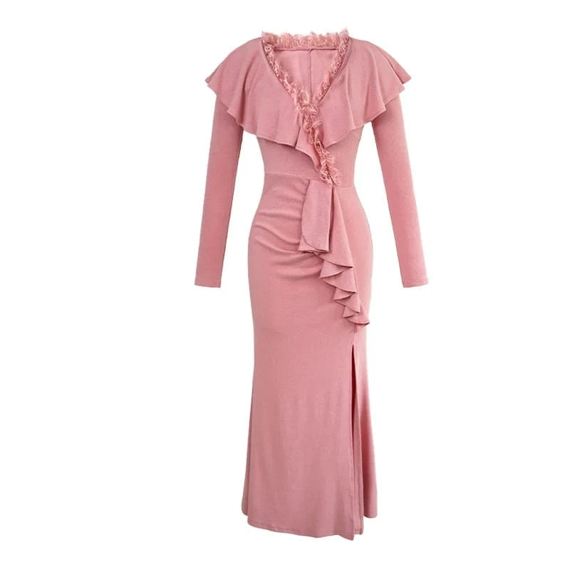 L / Pink ZYHT 20921 2024 Spring Natural Waistline Pink Ruffle Maxi Dress Flounce V Neck Cotton Knitted Fishtail Dresses