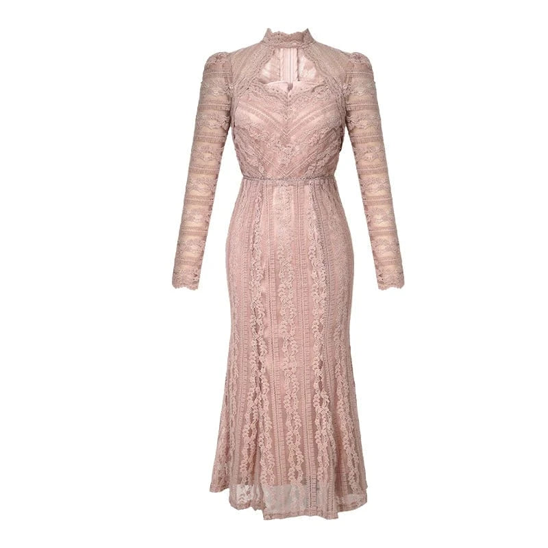 L / Pink ZYHT 20939 Dropshipping Trending Women Lace Embroidered Elegant Dress Cut Out Sexy Sheer Party Gown Long Dress