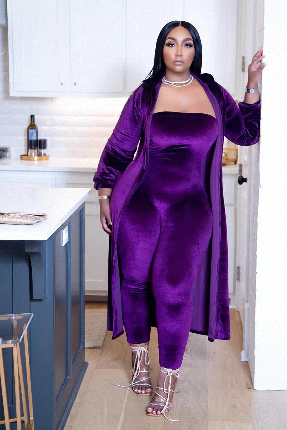 L / Purple 2022 New African Off Shoulder Elastic Jumpsuit Kaftan Cardigan Women Velvet 2 Pieces Set