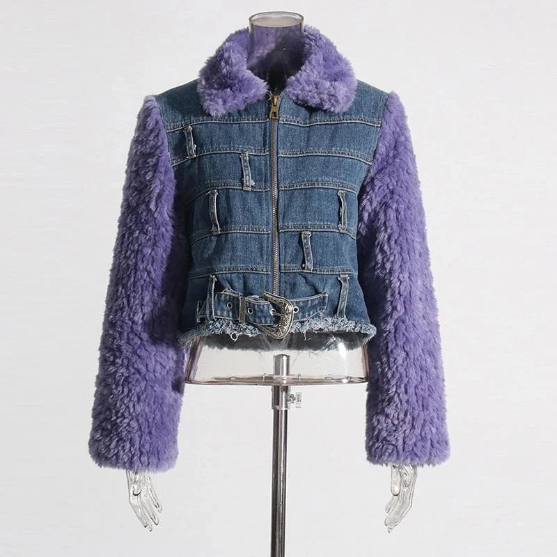 L / Purple CHICEVER Fashion Lapel Long Sleeve Patchwork Lambswool Winter Jackets For Women 2023