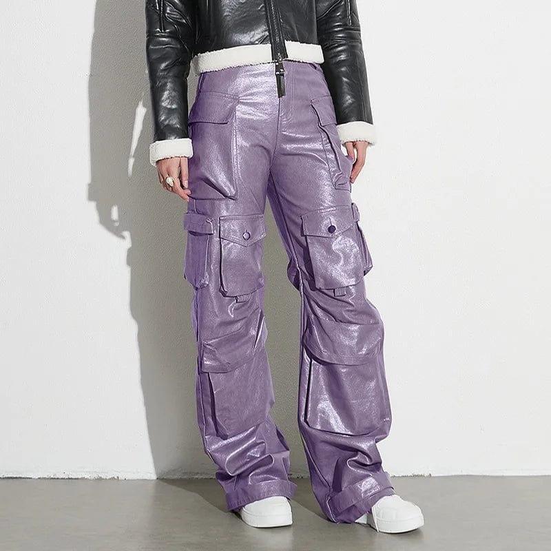 L / Purple-Customize OUDINA Stylish Street Customize PU Trousers High Waist Baggy Mujer 6 Pocket Cargo Pant Wide Leg Women Leather Pants
