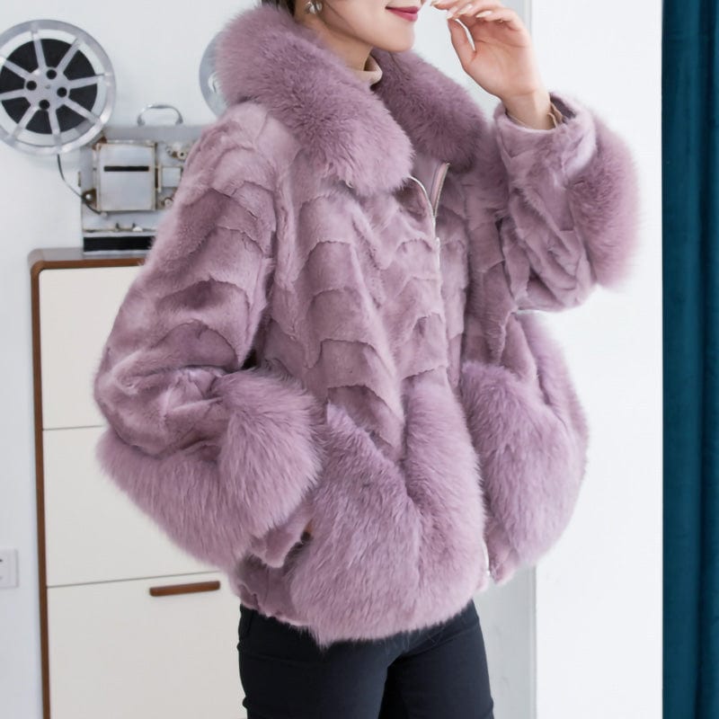 L / Purple High Quality Thick Fox Fur Collar Luxury Winter Fur Coat Genuine Mink Fur Coat for Women