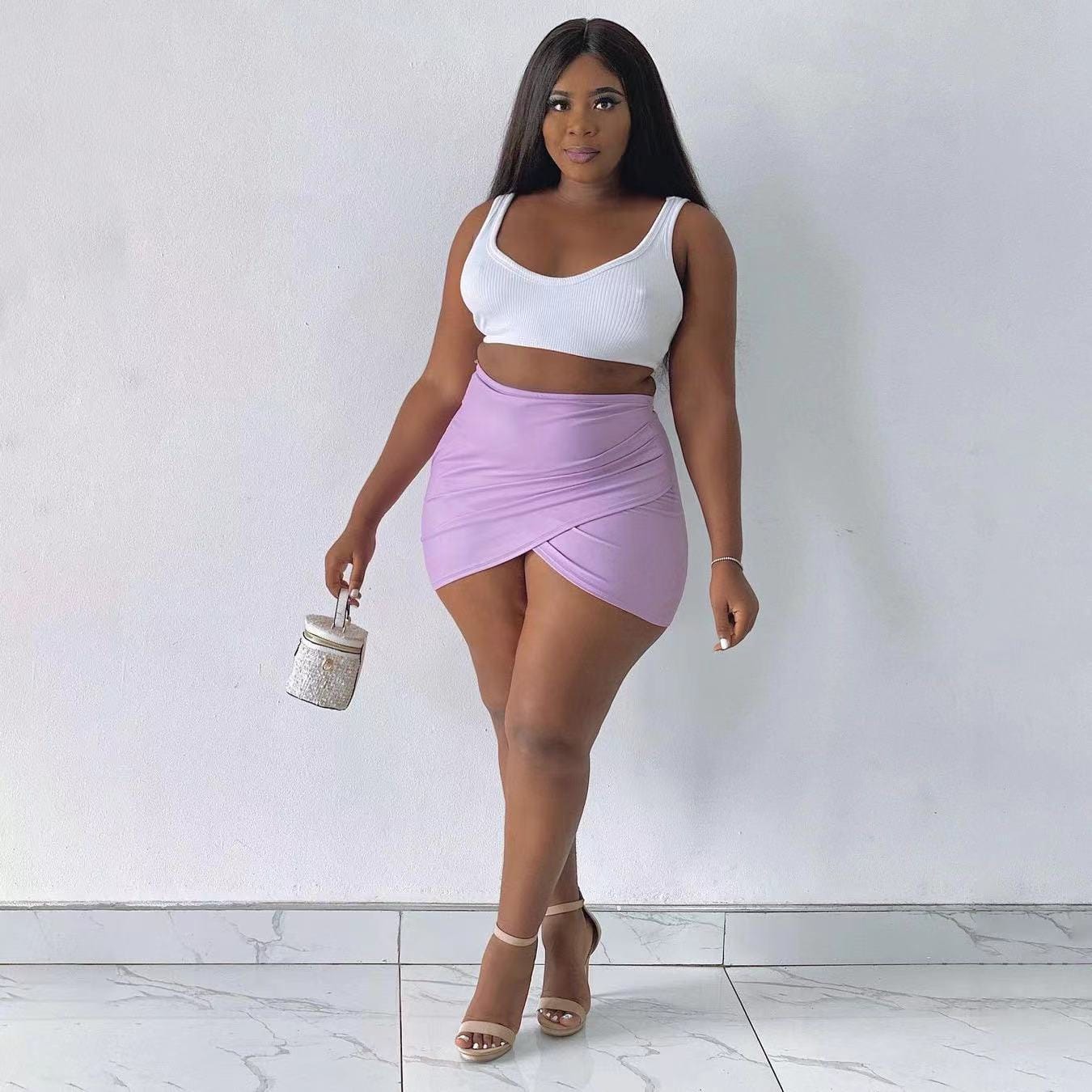 L / Purple J&H 2023 new arrivals white ribbed tank top and sexy mini skirts 2 piece set women slim fit summer skirts outfits club wear