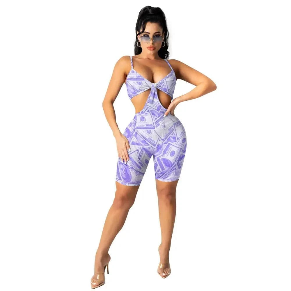 L / Purple Ladies Bodycon One Piece Strap Jumpsuit Sexy Short Yoga Rompers Women Print Bodysuit Workout Sleeveless Summer Playsuits