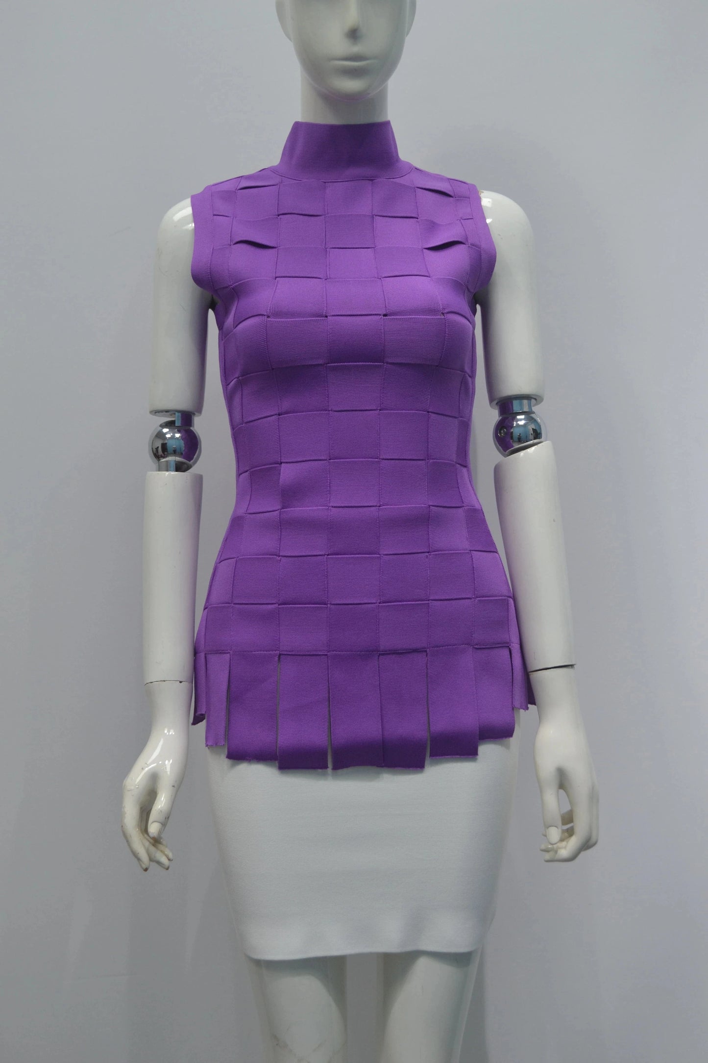 L / Purple Ladies Spring and summer style patchwork plaid sleeveless blazer elastic slim sexy skirt bandage two piece set