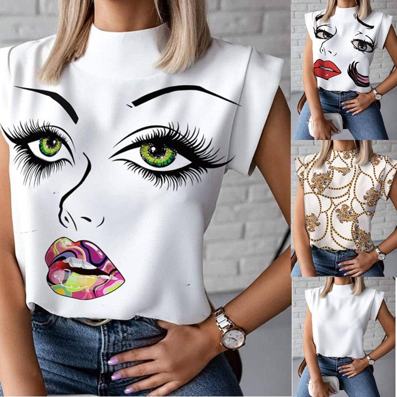 L / Purple Lip Summer Large Size Shirt Short Sleeve Printed Lip Women Casual Blouse