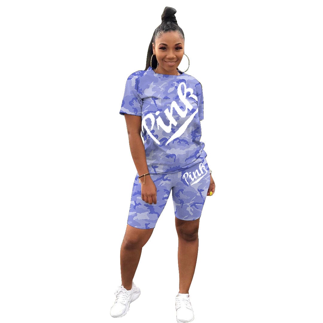 L / Purple MTY6515 2022 new arrival ladies pink  short set casual  camouflage pants sets printed outfit suit 2 piece set women clothing