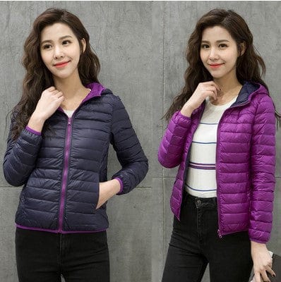 L / Purple Navy Green Female Double-sided Women's Light And Short White Duck Down Fashion Hooded Warm Winter Coat Autumn New Double-Sided Jacket