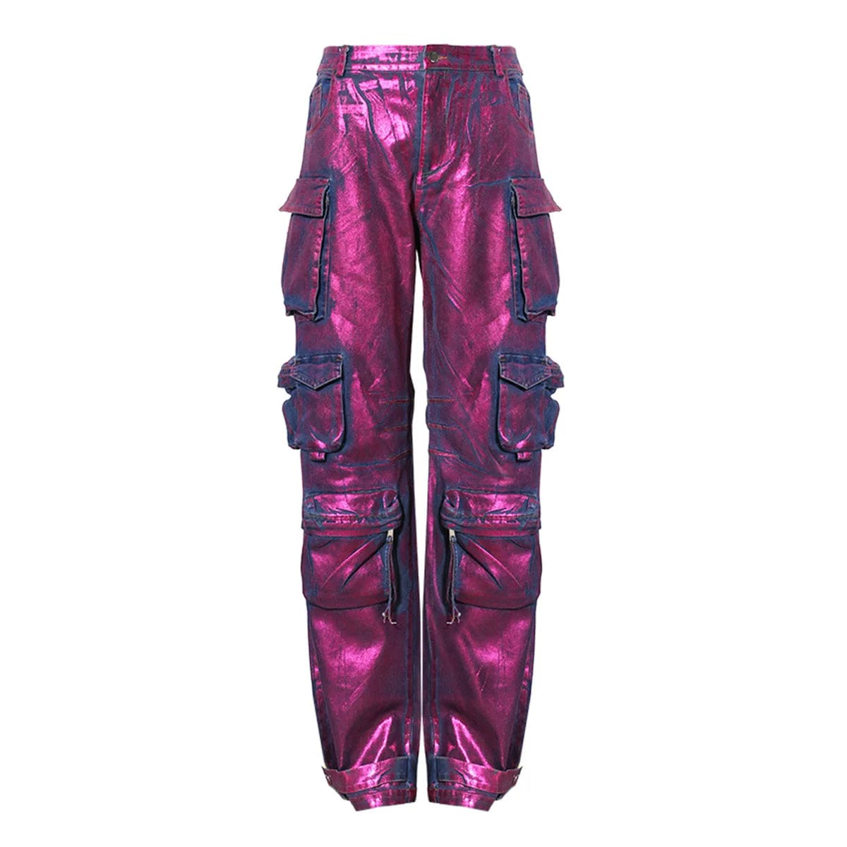 L / Purple OUDINA Ladies Street Purple hot stamping 6 Pocket Loose Casual Trousers Denim Wide Leg Pants Jeans Cargo Women