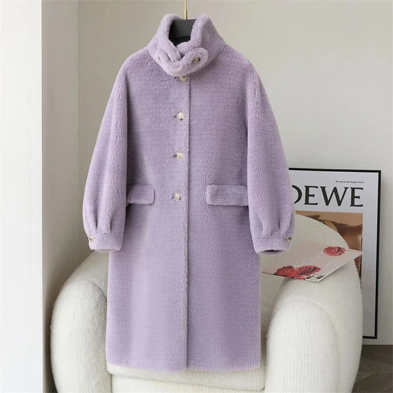 L / Purple PDUI Women Real Wool Fur Coat Winter Warm Female Girl Sheep Shearing Long Jacket Parka OverCoat CT145