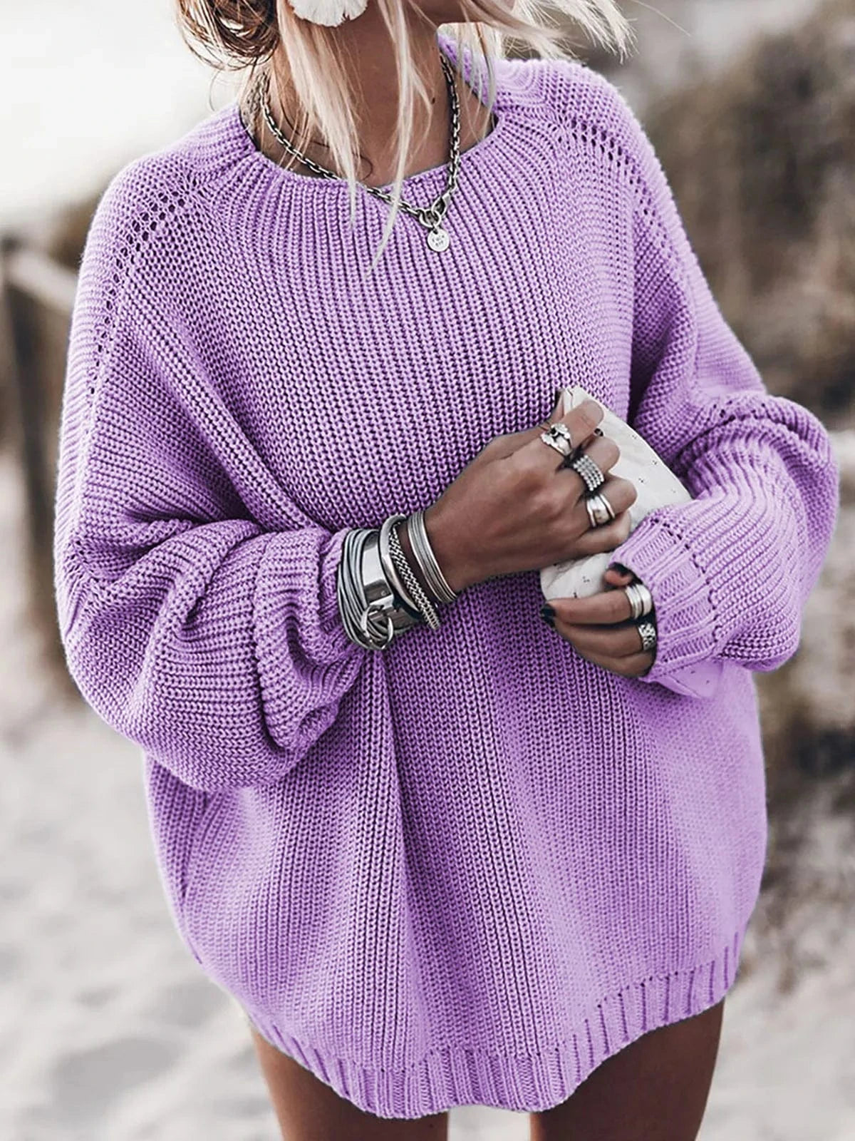 L / Purple S-XL women's oversized sweater Bat sleeved round neck pullover top Coarse knitted pullover sweater
