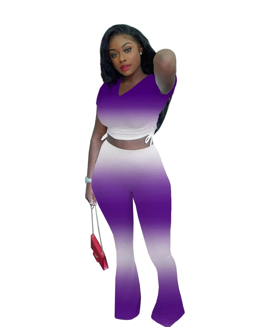 L / Purple Summer Casual Ombre Short Sleeve Bell Bottoms Trousers Outfits Sexy Crop Top 2 Two Piece Flare Pants Set Women Clothing