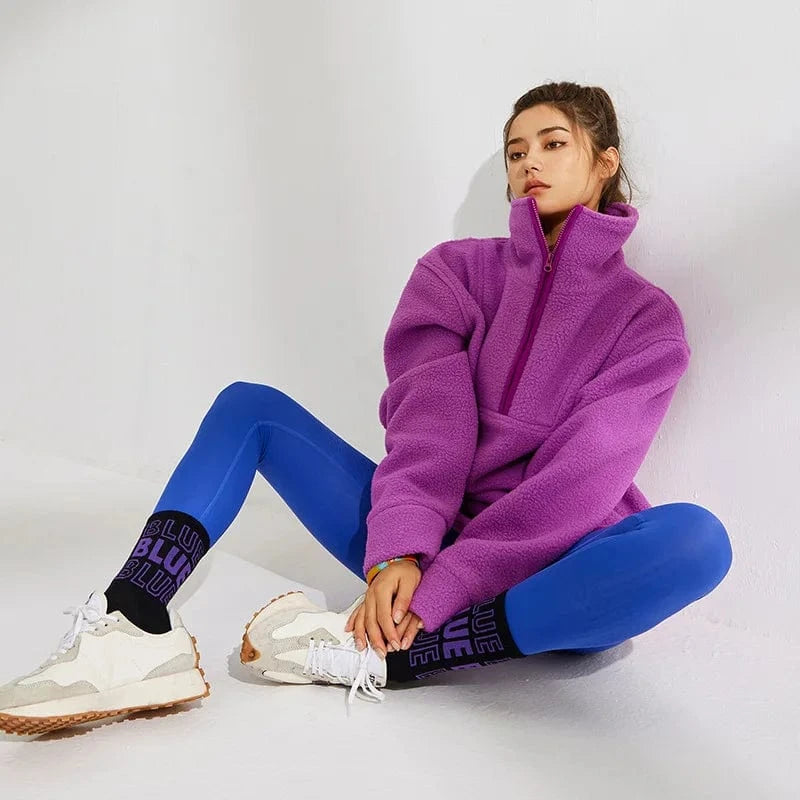 L / Purple Wholesale half Zipper Lapel Sweats Teddy Soft Fabric fleece mock neck sweatshirt for Women Sports